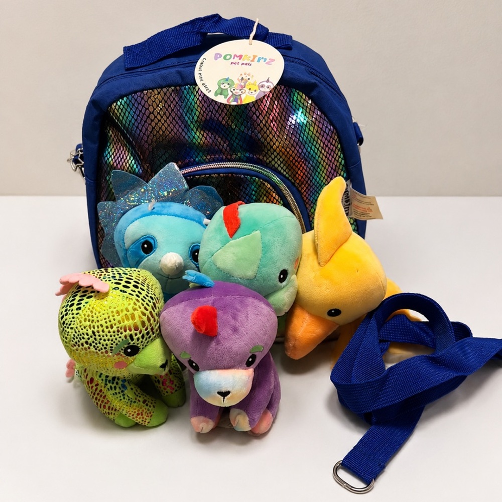 POMKINZ Pet Pals Colorful Plush Set with Blue Carrier Backpack – 5 Plush Pets
